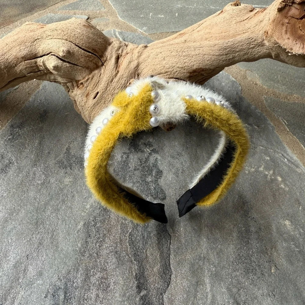 New🌟Anthropologie- Yellow and White Fuzzy Headband with Pearls